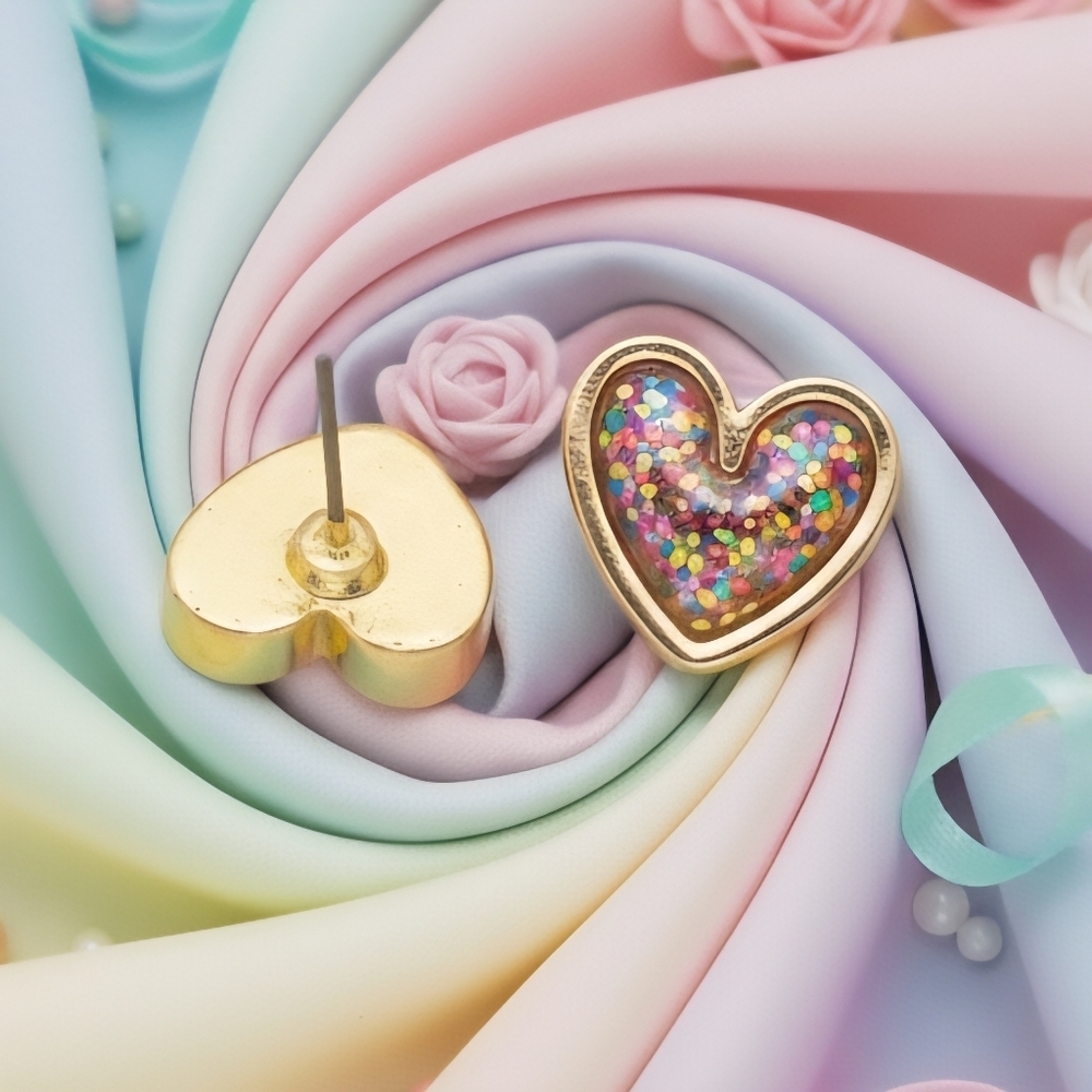 Confetti Heart Stud Earrings Gold Tone Multicolor Glitter Hypoallergenic Cute - Picture 5 of 12